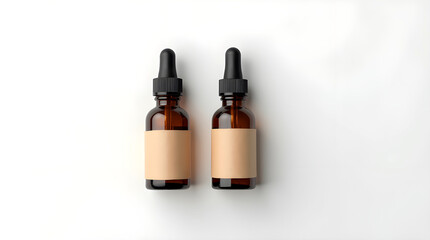 Brown glass dropper bottles with blank labels on white background