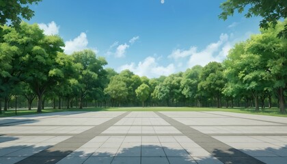 Spacious paved plaza with geometric pattern leads to rich green trees, natural scenery in city park. Blue sky with white clouds, bright sunlight overhead. Serene outdoor landscape ideal for