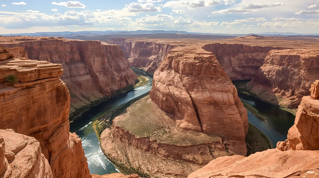 Horseshoe Bend, Arizona: A breathtaking U-shaped curve of the Colorado River cutting through towering red sandstone cliffs under a partly cloudy sky. - Powered by Adobe