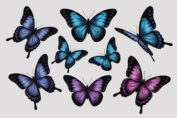 Collection of beautiful iridescent blue and purple butterflies in flight