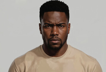 Obraz premium African American man portrait, expressing disgust, hostility. Intense gaze, furrowed brow, serious mood. Neutral background isolates subject. Suitable for advertising campaigns, editorial content,