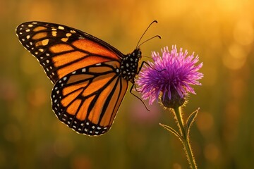 Fototapeta premium Delicate monarch butterfly perched on vibrant wildflower in golden morning sunlight
