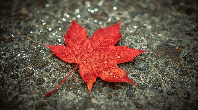 A bright red maple leaf lies on a wet, pebbled surface, glistening with water droplets, capturing the essence of autumn. - Powered by Adobe