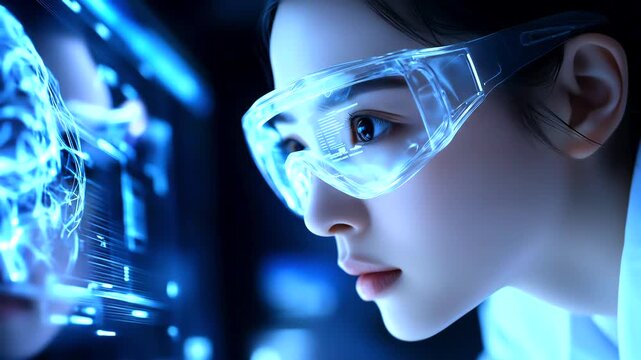 Female scientist analyzing holographic brain interface projection, wearing protective glasses in high tech laboratory environment