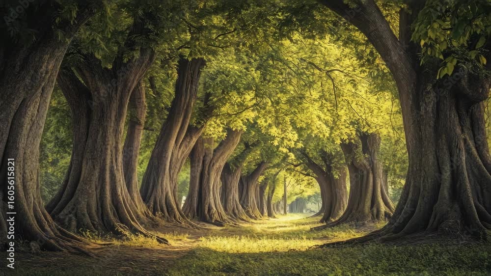 Poster path through a lush forest with tall trees and sun shining through.