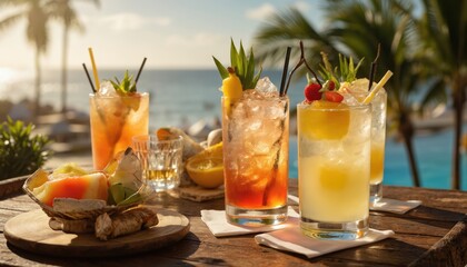 Fototapeta premium Tropical cocktails with fresh fruit garnishes sit on wooden table by tropical beach. Palm trees, ocean create relaxing vacation atmosphere. Ideal for promoting summer holidays, resorts, or beach bars.