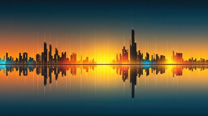 Obraz premium City skyline reflected in water at sunset with sound wave effect.