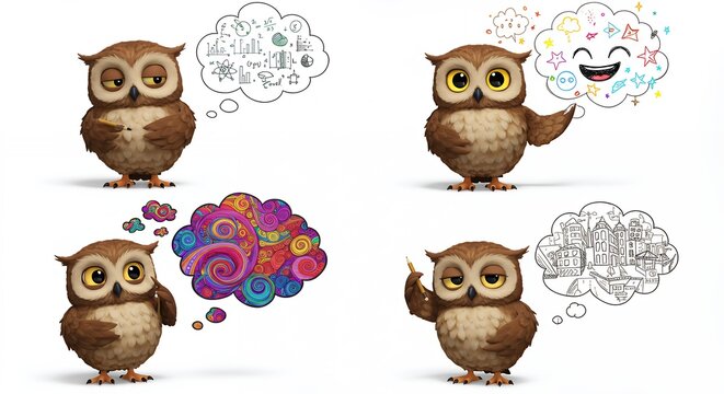 Cartoon owls with thought bubbles