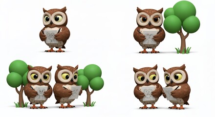 Fototapeta premium Cartoon owls with trees graphic image