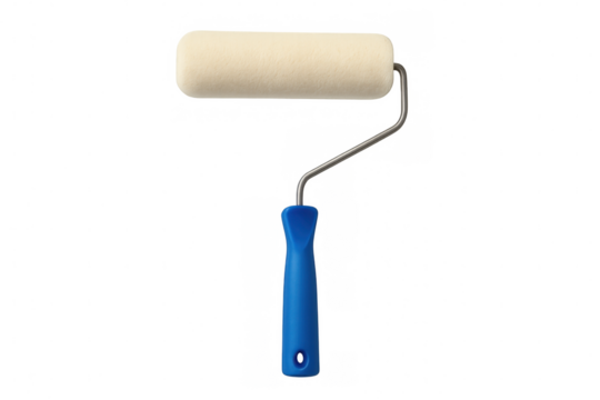 Clean new paint roller with blue handle isolated on transparent background, ready for painting and home renovation