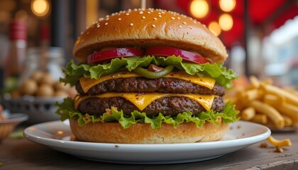 A mouthwatering cheeseburger with fresh lettuce, tomato, and onion on a sesame bun, served with golden fries on a wooden table
