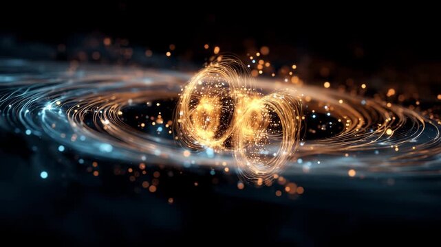 quantum entanglement represented by glowing particle pairs connected by energy threads, floating in dark space