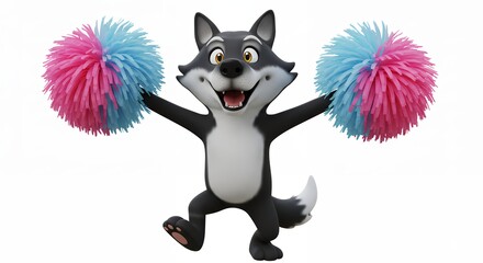 Naklejka premium Cartoon wolf cheerleader pompoms illustration