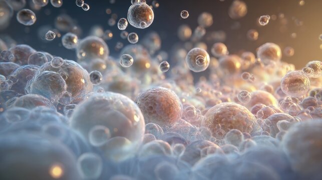 3D visual showing CO2 bubbles entering a liquid environment chemically reacting to form luminous bicarbonate compounds in a lab setting.