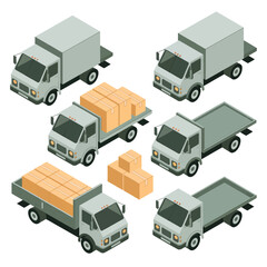 Isometric collection of delivery trucks and cargo for logistics and transportation