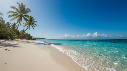 Fototapeta premium A pristine white sand beach with turquoise waters and lush green palm trees under a clear blue sky with fluffy white clouds.