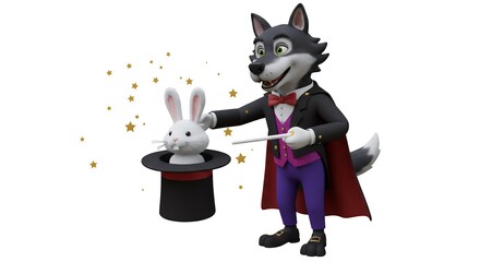 Obraz premium Cartoon wolf magician performing magic trick with rabbit