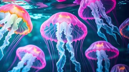 jelly fish in the water, jellyfish in the water, jellyfish in the blue water, A glowing marine animal floats in the deep blue ocean