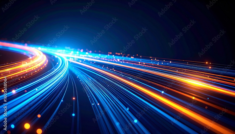 Poster abstract light trails with glowing blue and orange streaks create a dynamic sense of speed and movem
