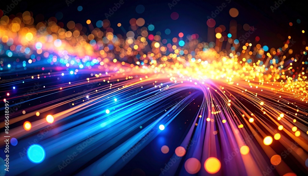 Poster an abstract image showcasing vibrant converging light trails in blue, purple, and orange hues agains