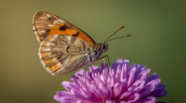 A close-up macro shot of a small brown and orange butterfly perched on a vibrant purple flower with a soft green blurred background. - Powered by Adobe