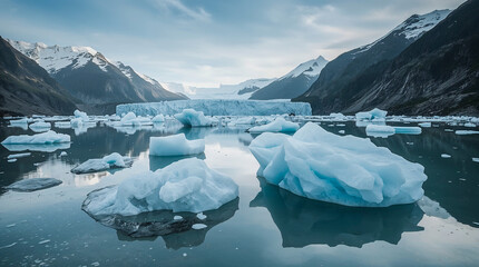 Serene glacial lake filled with icebergs, reflecting the surrounding snow-capped mountains and a vast blue sky under soft daylight.