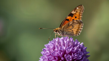 Obraz premium A vibrant orange butterfly with intricate wing patterns rests on a delicate purple bloom. Soft green bokeh in the background highlights the subject.