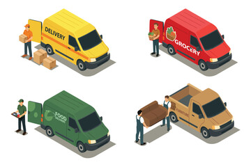 Isometric Delivery Van for Package Food Grocery Furniture Vector Illustration