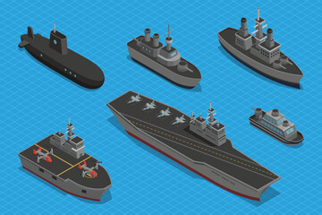Isometric of Different Battleships Vector Illustration