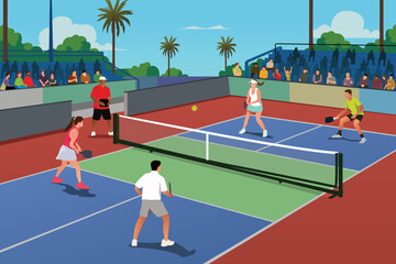 People Playing Pickleball in a Tournament Vector Illustration