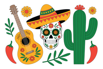 Colorful mexican fiesta elements with guitar skull and cactus