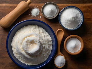 Baking Ingredients: A high-angle shot reveals an array of essential baking ingredients like flour, sugar, and salt, carefully arranged on a rich wooden surface, symbolizing the culinary art.