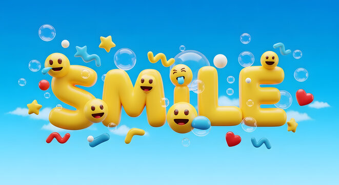 3D "SMILE" text with cartoon faces, bubbles, and confetti - Powered by Adobe