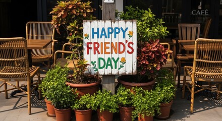 Celebrating Friendship Outdoor Cafe Decor for Happy Friend's Day with Lush Green Plants and Cozy Atmosphere 