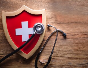 health insurance protection medical access concept with red shield and stethoscope on wooden table showing secure healthcare and safe medical service