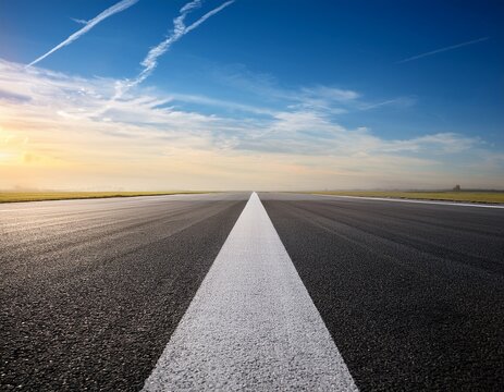 surface level of long airport runway with directional marking against clear sky