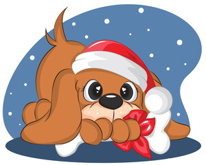 Merry Christmas and Happy New Year! Cheerful dog in Santa Claus hat with bone.