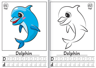 Dolphin Alphabet ABC Coloring Page D. Tracing all letters of English alphabet. Preschool activity for kids