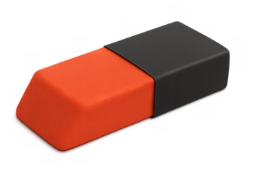 Classic orange eraser with black protective sleeve, isolated on transparent background, ready for correcting mistakes