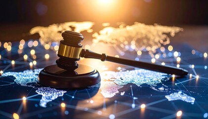 Gavel on world map, global justice
