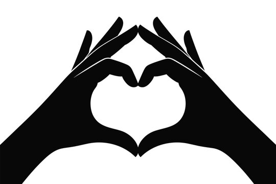 Silhouette of two hands forming a heart shape against a white background