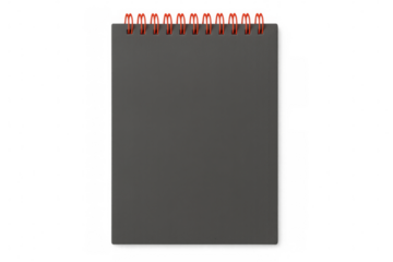 Closed dark gray notebook with red spiral binding on transparent background, ideal for educational or office-related projects