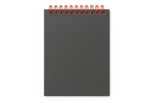 Closed dark gray notebook with red spiral binding on transparent background, ideal for educational or office-related projects