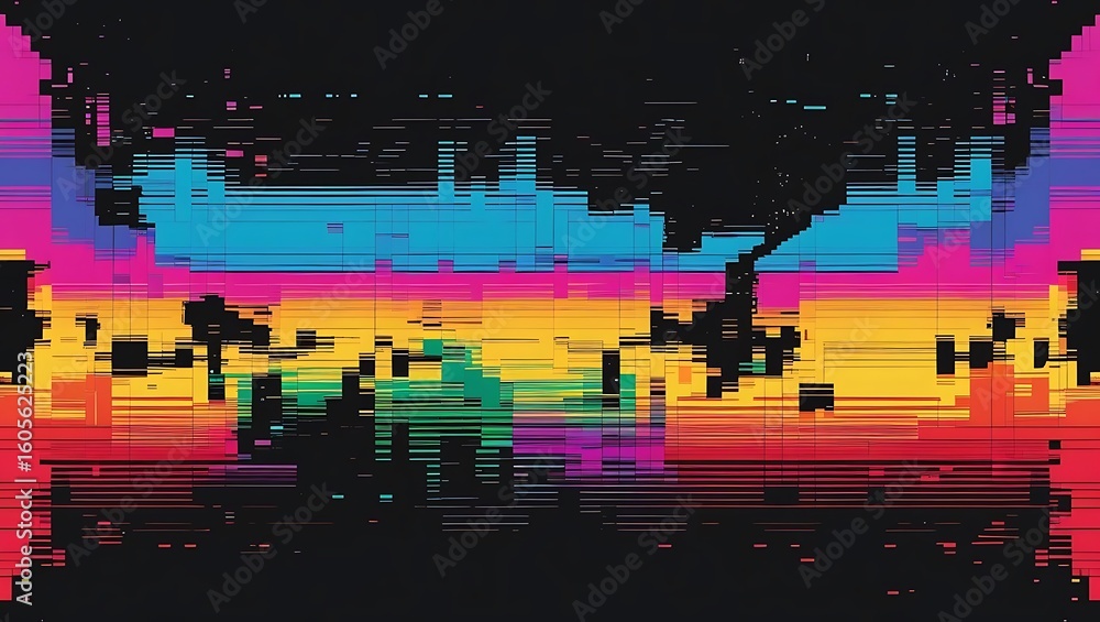 Fototapete Abstract digital glitch art background representing a futuristic landscape. Vibrant distorted color bands with a data corruption effect.