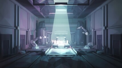 Futuristic Laboratory Interior with Robotic Arms in Low Polygon Style