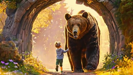 A child and a bear walk through a magical forest - Powered by Adobe