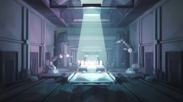 Futuristic Laboratory Interior with Robotic Arms in Low Polygon Style