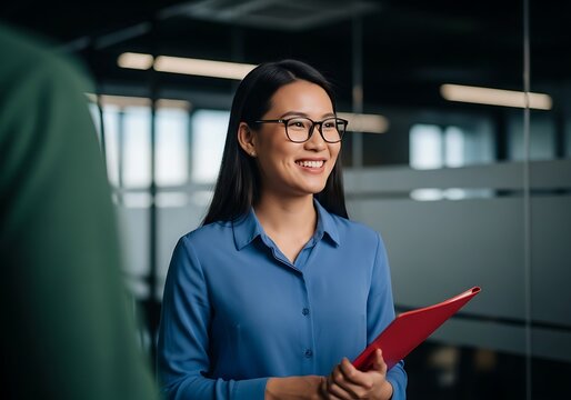 Friendly Young Asian Businesswoman With Glasses And A Blue Shirt Smiles While Holding A Red Folder And Talking With A Colleague In A Modern Office, Young Professional, Human Resources