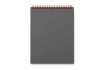Dark gray notebook featuring red spiral binding resting on transparent surface, presenting minimalist stationery design element