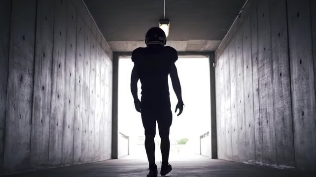 American football player walking alone through a stadium tunnel.